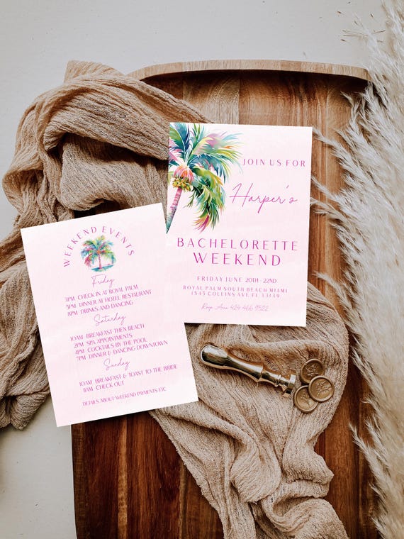 Tropical Palm Bachelorette Invitation Template: Modern Weekend Invite Pastel Pink (Editable Printable)