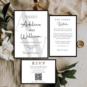 Moderne Schwarz-Weiß-Hochzeits-Einladungsvorlage, Elegante minimalistische Hochzeitseinladung Printable Set, bearbeitbar, QR-Code #init