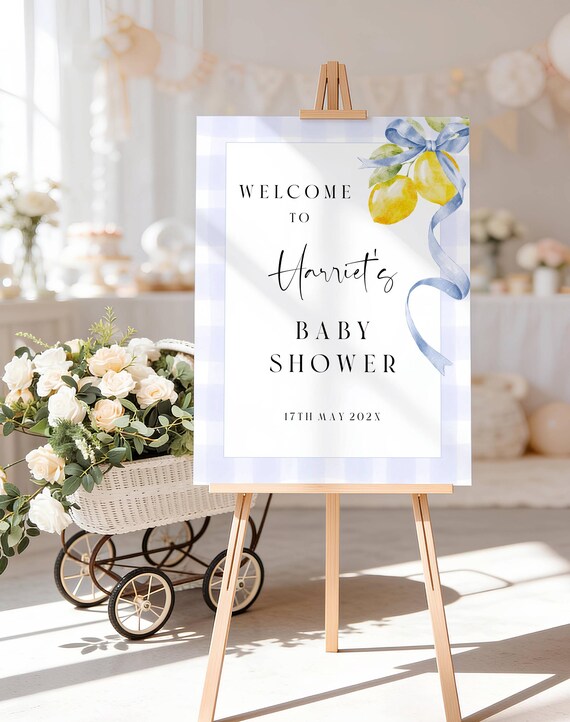 Lemons Baby Shower Welcome Sign: Blue Gingham, Bow, Boy, Printable (Digital Download) Editable #lem