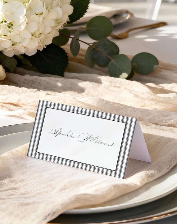 Elegant Pinstripe Wedding Place Card, Grey, Modern, Name Card (Editable Printable) Digital  #mtm