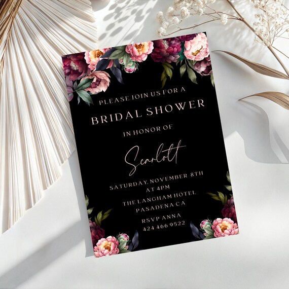 Fall Peonies Bridal Shower Invitation Template: Black & Blush Floral (Digital Download) #bpp