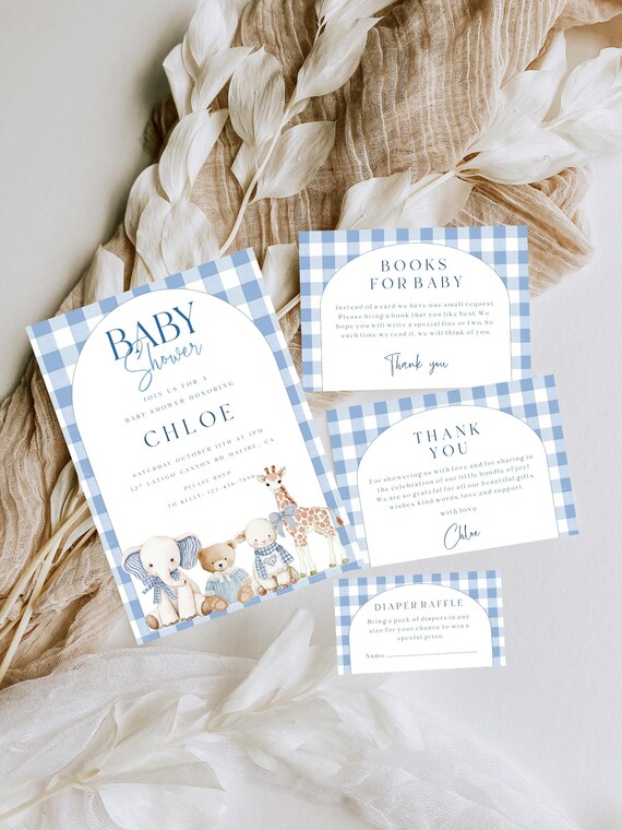 Baby Animals Baby Shower Invitation Set, Blue Gingham, Bows, Boy (Editable Printable)  #vtb