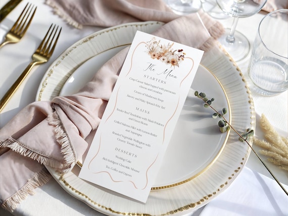 Fall Wedding Menu Template: Terracotta Pumpkin Floral Design (Digital Download, Editable 4x9") #tfw