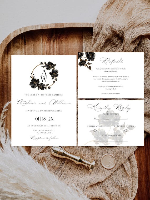 Black Magnolia Wedding Invitation Set: Elegant, Script, Floral (Editable Printable )  #mag