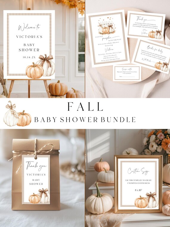 Pumpkin Baby Shower Invitation Bundle: Gingham Autumn Theme (Digital Download, Printable Templates) #pbs