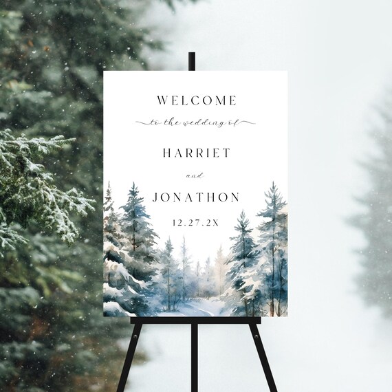 Winter Wedding Welcome Sign Template: Snowy Pine Forest (Printable Digital File) Editable #wfw