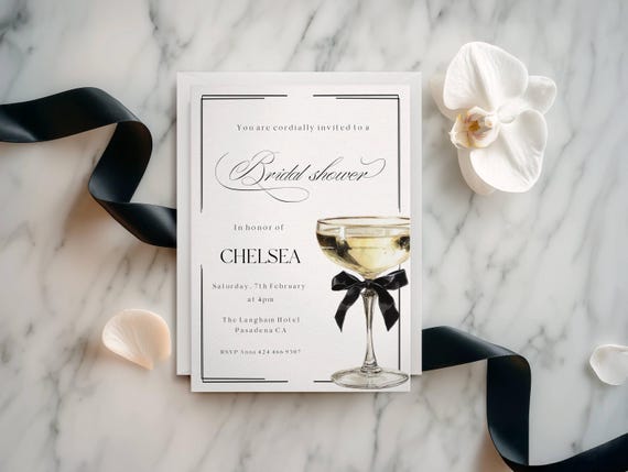 Elegant Champagne Bridal Shower Invitation, Black Bow, stylish (Editable Printable) Instant Download #mgs
