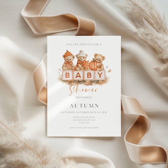 Fall Teddy Bear Baby Shower Invitation, Autumnal, Gender Neutral, Pumpkin (Editable Printable) Digital #ftb