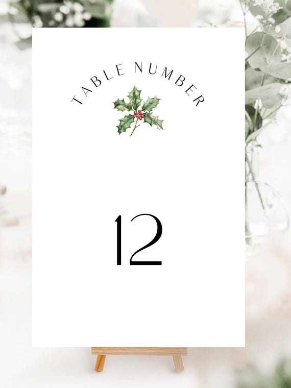Modern Christmas Wedding Table Number: Holly, Minimalist, Festive ( Editable Printable ) Instant Download #chp