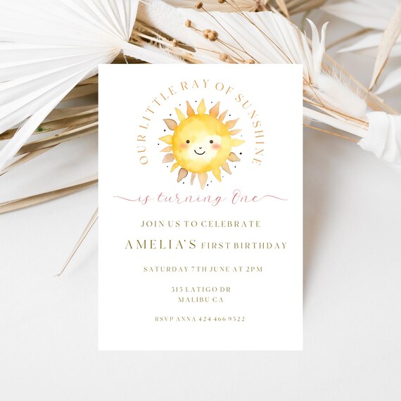Sunshine First Birthday Invitation Template: Printable Sun Invite (Edit)