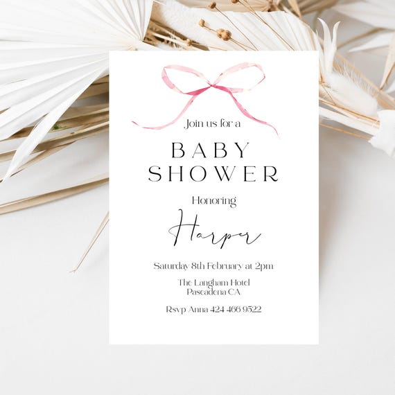 Modern Pink Bow Baby Shower Invitation Template, Minimalist (Digital Download) Printable #bab