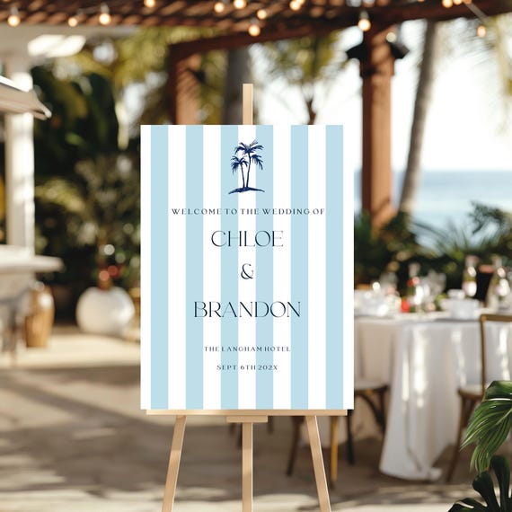 Coastal Wedding Welcome Sign: Blue stripes, Palm Tree ( Editable Printable) Instant Download #scb