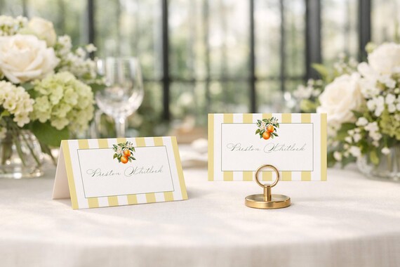 Orange Blossom Place Card Template: Citrus Table Name Card, Striped, Coastal (Editable,Printable) #ost