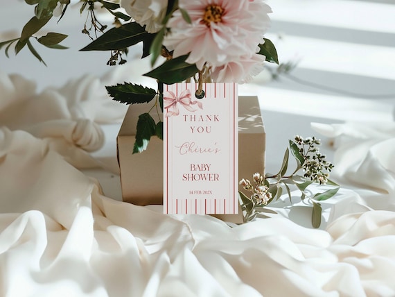 Valentines Shower Favor Tag, Pink Bow, Stripes (Editable Printable) Instant Download #vrp