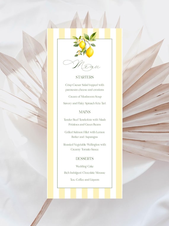 Lemons Menu Card, Wedding, Shower Coastal, Striped, Mediterranean ( Editable Printable ) Digital #lgs