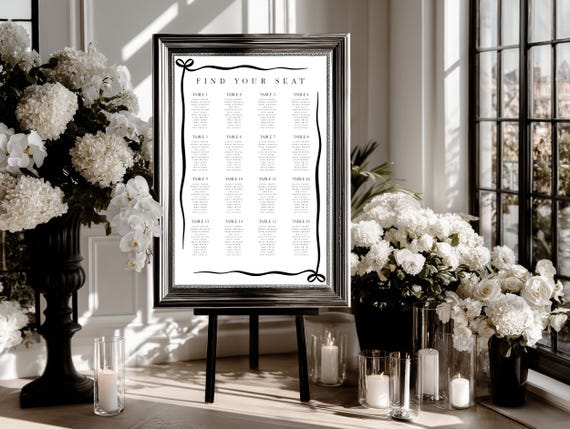 Modern Black Border Seating Chart Sign, Wedding Table Plan, Minimalist ( Editable Printable ) Instant Download