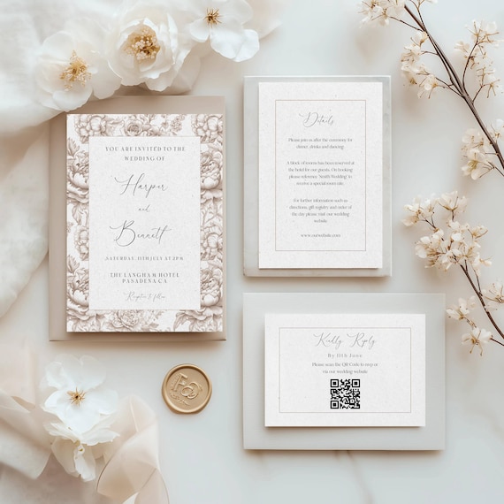 Elegant Toile Wedding Invitation Suite Template: Beige Floral (Printable Editable) #toi
