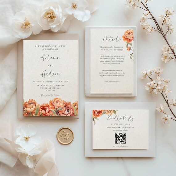 Fall Peonies Wedding Invitation Suite : Elegant Terracotta Florals, (Editable Printable) Instant Download #tfp