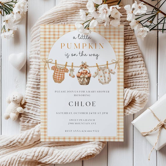 Fall Pumpkin Baby shower Invitation, Clothesline, Gingham (Editable Printable) Digital Download #acb