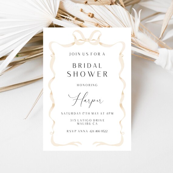 Beige Ribbon Bridal Shower Invitation Template: Minimalist Bow Invite (Editable,Printable) #bmb