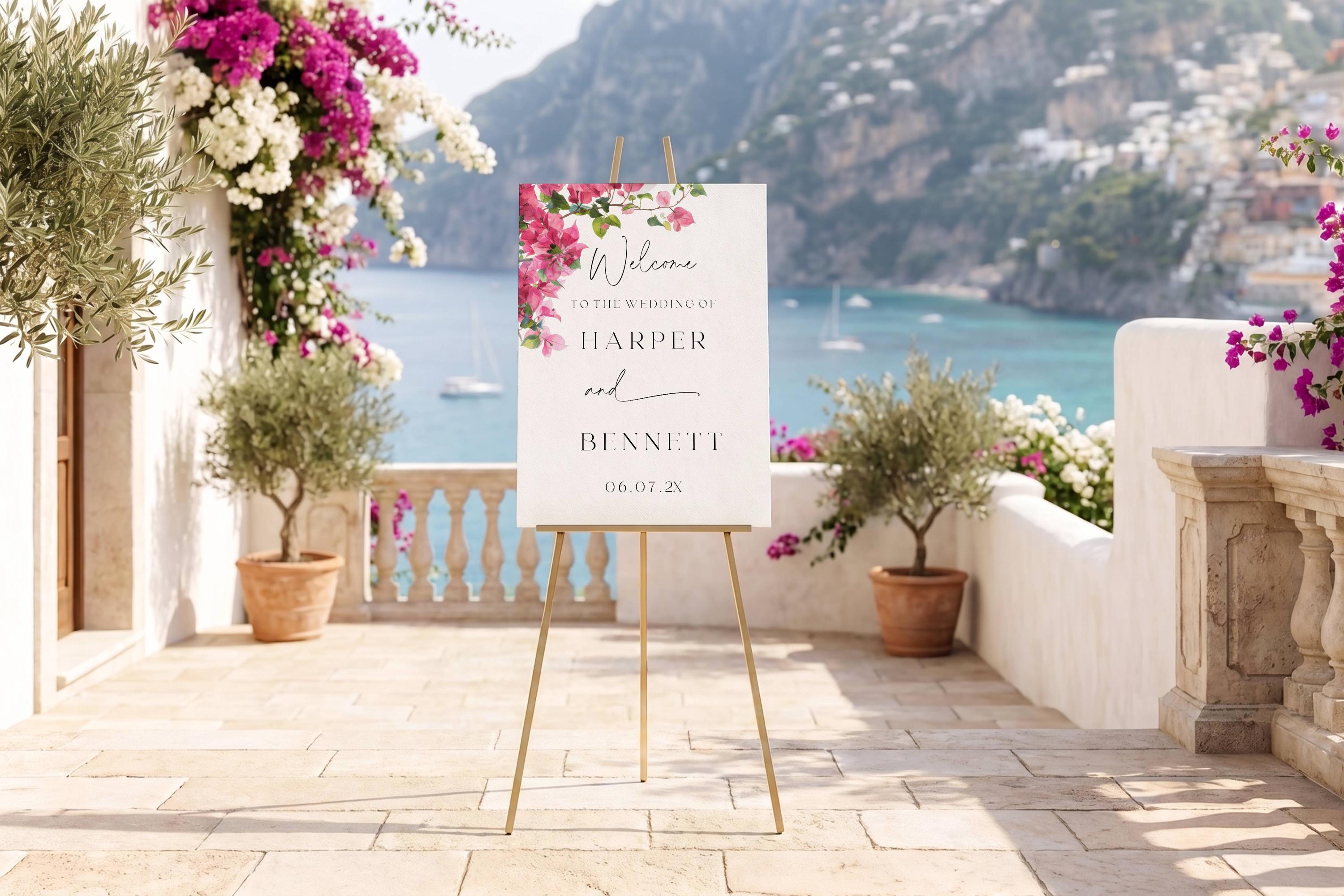 Bougainvillea Wedding Welcome Sign: Pink Floral, Coastal (editable