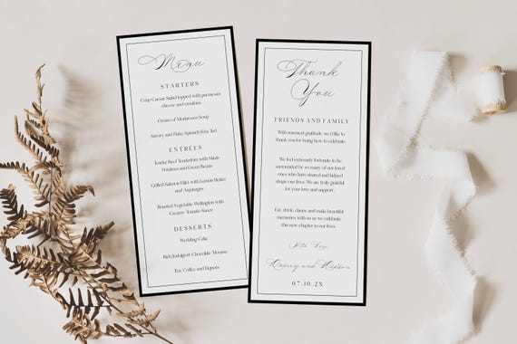 Elegant Wedding Menu and Thank You Card Template (Digital Download)