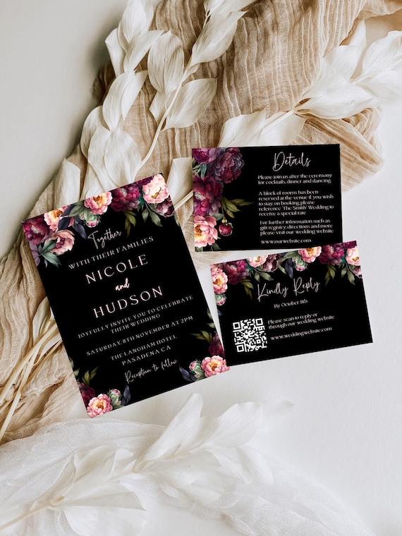 Black & Blush Peonies Wedding Suite Template: Elegant Printable Invite (Digital Download) #bpp