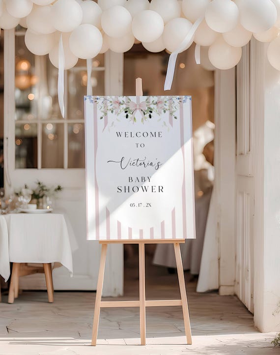 Pink Wildflower Baby Shower Welcome Sign Template, Bow (Editable,Printable) #wbb