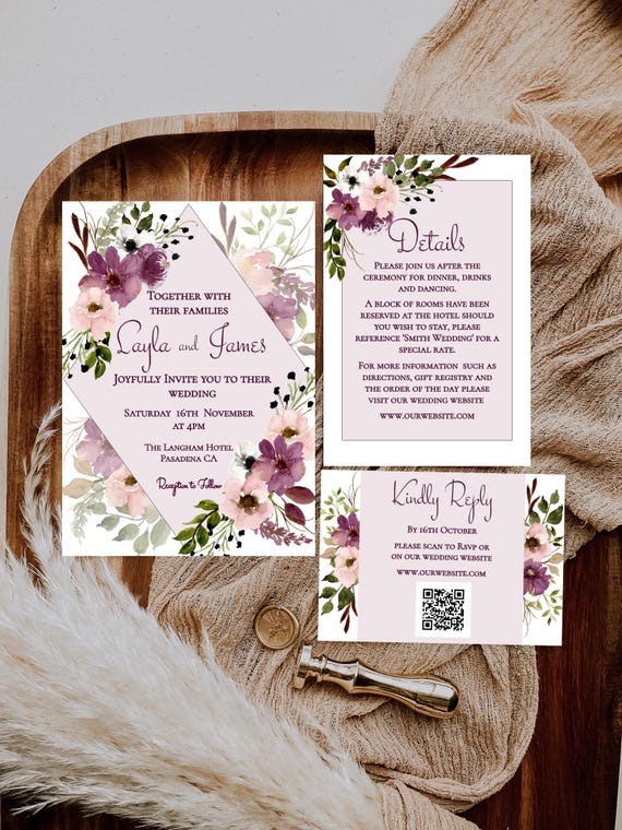 Burgundy Floral Wedding Invitation Template Set : Wildflowers (Editable Digital Download) Printable