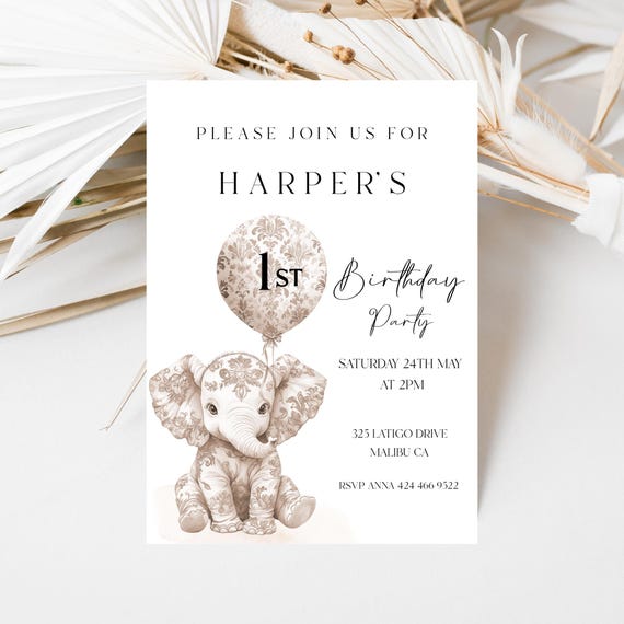 Neutral Safari Elephant 1st Birthday Invitation Template (Printable)