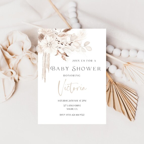 Boho Floral Baby Shower Invitation: Neutral Pampas Grass (Printable, Editable)