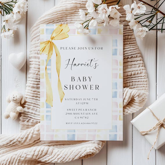 Yellow Bow Baby Shower Invitation: Pastel Gingham Plaid, Gender Neutral (Editable Printable) #ybb