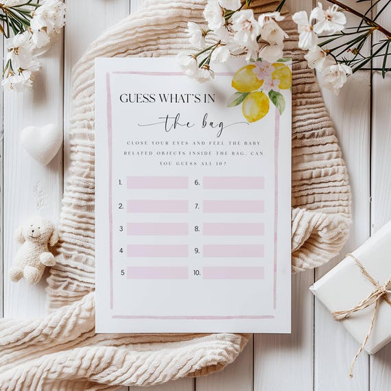 Lemons Baby Shower Game Template, What's In The Bag, Pink Floral, (Printable, Editable) Digital #lem