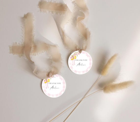 Lemons Baby Shower Stickers: Pink Gingham Favor Tags (Editable Template) Printable #lem