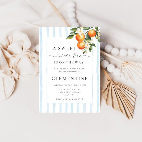 Citrus Baby Shower Invitation Template: Sweet Orange & Blue Stripes (Digital Download) #ost