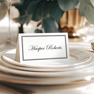 Elegant Wedding Place Card, Black Border, Script, Classic Name Card (Editable Printable) #HARPER