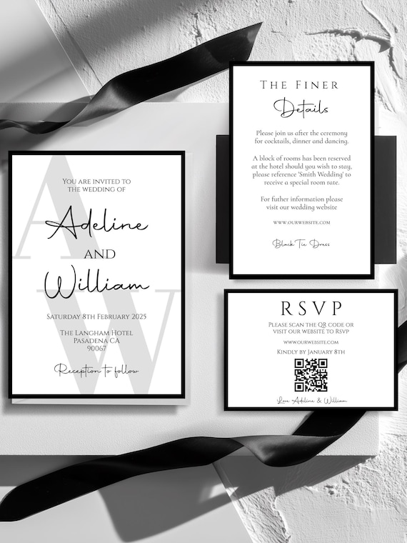 Modern Minimalist Wedding Invitation Suite: Black and White, Editable, QR Code (Digital Download) #init