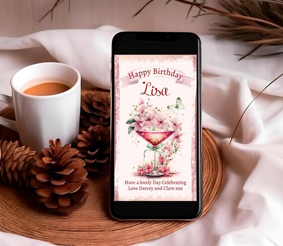 Floral Cocktail Birthday E-Card: Personalized Pink Greeting (Digital Download)