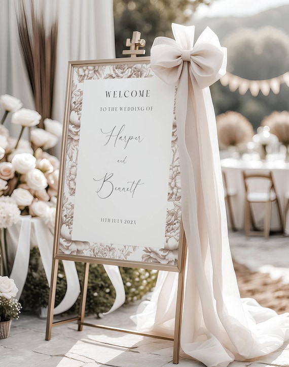 Neutral Toile Wedding Welcome Sign Template: Elegant Beige Floral (Digital Download) Printable Editable #toi