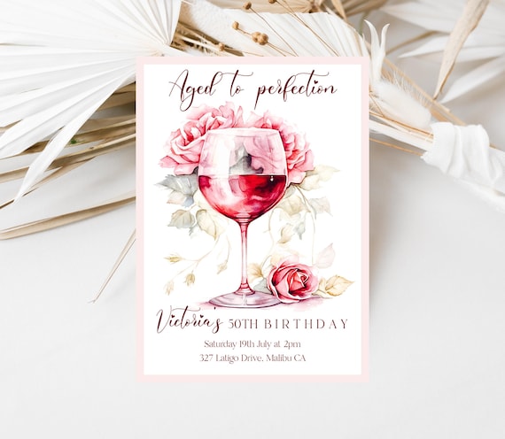 Floral Wine Birthday Invitation Template: Elegant Ladies Party (Editable)