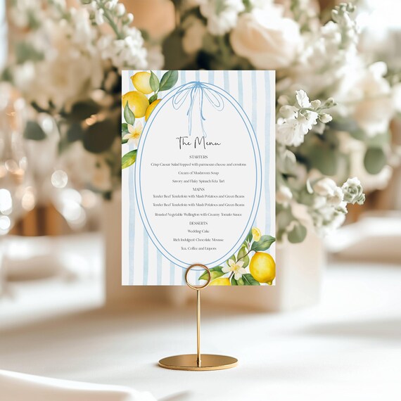 Lemons Table Menu: Blue Stripes, Coastal, Mediterranean, Wedding Menu (Printable, Editable) #obb