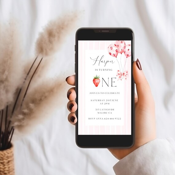 Strawberry First Birthday Evite Template: Pink Bows & Balloons (Digital)