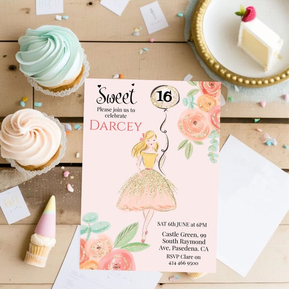 Floral Sweet 16 Birthday Invitation Template (Printable, Editable)