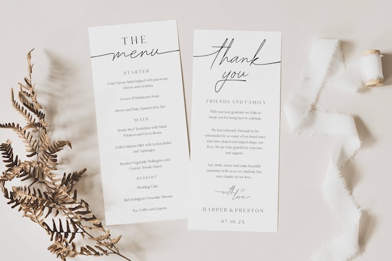 Modern Wedding Menu and Thank You Card Template (Digital Download)