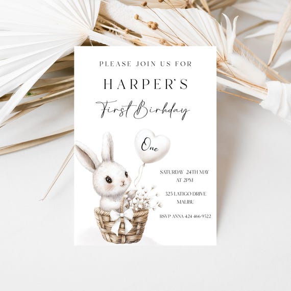 Bunny Birthday Invitation Template: Neutral Party Invite (Digital Download) Printable
