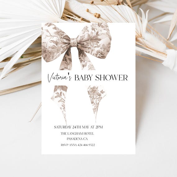 Toile Bow Baby Shower Invitation Template: Neutral Beige (Printable, Editable) #toi