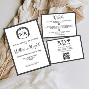 Elegantes Schwarzweiß-Hochzeitseinladungsvorlagenset, moderne Hochzeitseinladung mit Schleife, bedruckbar, bearbeitbar, schwarzes Band, minimalistisch