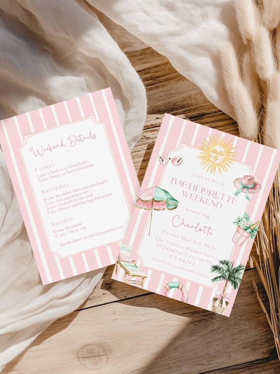 Coastal Bachelorette Weekend Invitation: Pink Stripes, Tropical (Editable Printable ) Instant Download