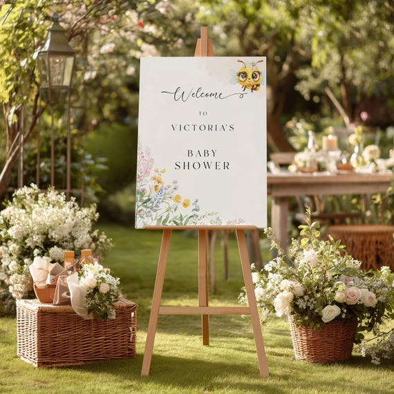 Little Honey Bee Baby Shower Welcome Sign: Wildflower Theme (Printable, Editable) #cbs