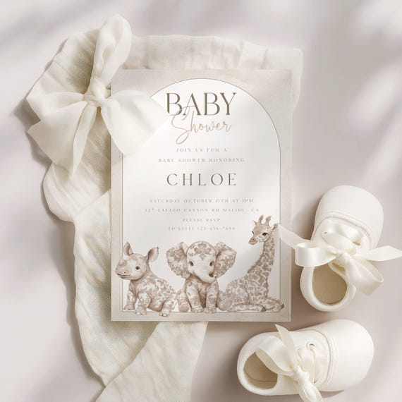 Baby Animal Safari Baby Shower Invitation, Beige, Toile, Gender Neutral (Editable Printable) Digital #toi